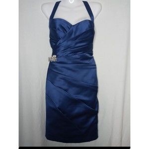 Bill Levkoff Blue Halter Tiered Midi Fitted Dress w/Silver Side Broach, 12